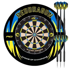 Red Dragon Super Series Professional Dartboard Set - Tournament Standard Quality wth Durable Surround Including Oche Strip and 2X Steel Tip Darts