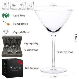 YULVINE Large Martini Glasses Set of 4,Hand Blown 10oz,Crystal Stem Coupe Glasses with Cocktail Guide,for Margarita,Giant,Espresso,Dessert,Bar,Cosmopolitan,Manhattan,