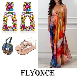 Flyonce Large Statement Drop Earrings for Women Fashion Jewelry, Sparkle Rhinestone Crystal Geometric Rectangle Dangle Multicolor Black-Tone