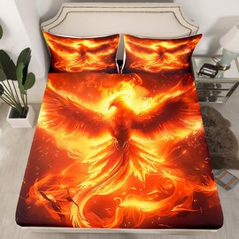Feelyou Kids Full Size Phoenix Bed Sheet Set Red Phoenix Fitted Sheet Fire Phoenix Bedding Set for Kids Boys Girls Flying Bird Bed Cover Adult Bedroom Decor (2 Pillow Cases and a Fitted Sheet)