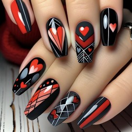 Valentine's Black Press on Nails Medium False Nails Red Love Heart Lines Design Coffin Nails Medium Valentine's Stick on Nails Full Cover Acrylic Nails Glossy Glue on Nails for Women 24Pcs