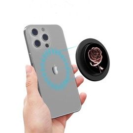 enttgo Adjustable Magnetic Phone Grip Compatible with MagSafe, Adapter Ring for Magnetic Included, Phone Holder, Wireless Charging Compatible - Black Rose Flower