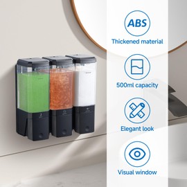 Shower Soap Dispenser No Drill Upgrade Slot Install Shampoo and Conditioner Dispenser Wall Mounted Shampoo Dispenser for Shower Bathroom Large Capacity 500ml x 3 Chamber Black