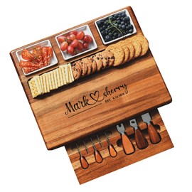 Shanik Large Acacia Wood Charcuterie Board Set with 3 Removable Ceramic Bowls & Serving Utensils - Housewarming, Wedding, Bridal Shower, Home and Kitchen, New Home Gift Ideas for Women, Gifts for Her