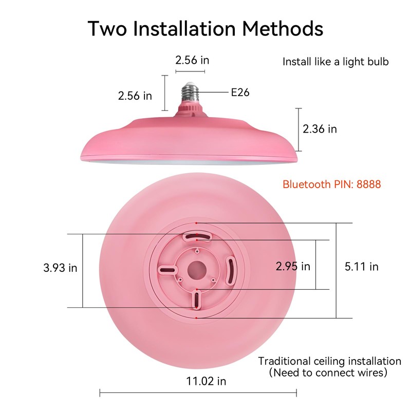 ASALL Pink Waterproof LED Ceiling Light Fixture,Music Ceiling Lamp,with Bluetooth