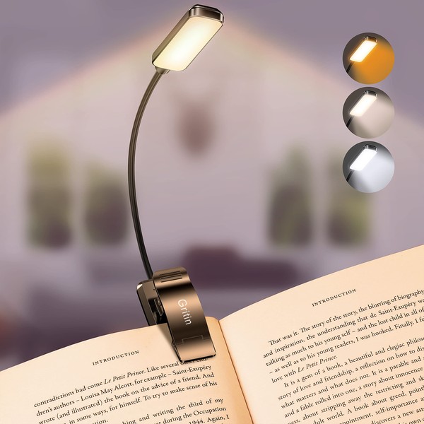 9 LED Gritin Luz de Lectura, Lectura Luz de Libro con 3 Modos de Protección de Los Ojos - Atenuación Continua, Recargable Lámpara de Libro con Clip para Estudio, Leer, Trabajar, Viaje ect.