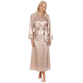Camille Womens Smooth Luxury Satin Long Wraps - Ladies Lightweight & Breathable Dressing Gown with Tie Belt Fastening 10-12 Mocha