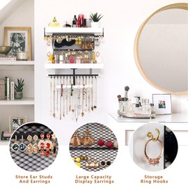 Pinzoveco Hanging Jewelry Organizer Wall Mounted With Wall Jewelry Organizer Holder For Necklaces Bracelet Earrings Ring (White)