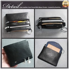 boshiho Coin Purse Coin Case 4 Pockets with Key Ring Leather Men's Women's Wallet Ultra-light Large Capacity, black