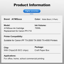 AYMSous PFI710MBK PFI-710 Ink Cartridge 700ML for TX-2000 TX-3000 TX-4000