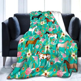 Horse Blanket Gifts for Girls Teens Women, Unique Farm Horse Floral Throw Blanket Gift for Horse Lovers, Green Fun Warm Soft Cozy Flannel Throws Blankets for Couch Sofa Bedroom Livingroom 60"X50"