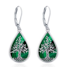 Eusense Tree of Life Earrings 925 Sterling Silver Water Drop Earrings with Malachite Tree of Life Hanging Earrings Jewellery Gift for Women Girls, Sterling Silver
