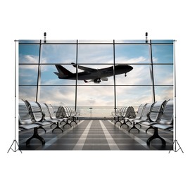Loccor 10x8ft Polyester Fabric Airport Terminal Backdrop Airplane Departure Lounge Window Photography Background Plane Party Decorations Pilot Birthday Banner Travel Theme Video Photo Shoot Props