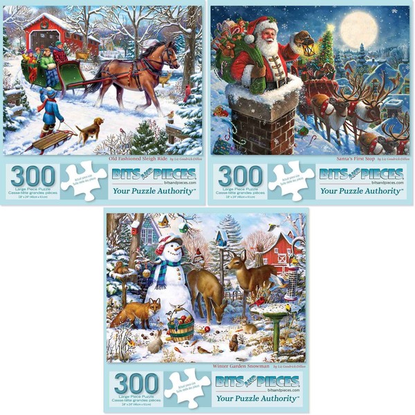 Bits and Pieces - Value Set of Three (3) 300 Piece Jigsaw Puzzles for Adults - Puzzles Measure 18" x 24" - 300 pc Classic Sleigh Ride Santa Winter Garden Snowman Jigsaws by Artist Liz Goodrick-Dillon