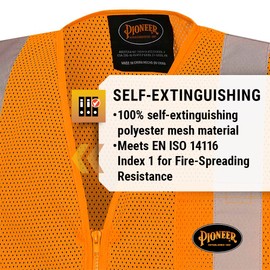 Pioneer Hi Vis Self-Extinguishing FR Safety Vest for Men & Women - Flame Resistant Mesh with Reflective Tape - Class 2