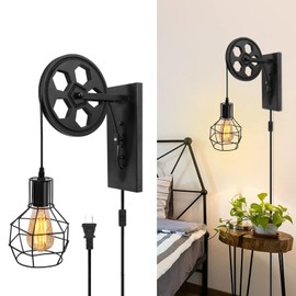 Plug-in Wall Sconce – Industrial Rustic Wall Lamp with Black Iron Cage & Wooden Pulley, Adjustable Hanging Height, Dimmable Wall Light Fixture for Bedroom, Living Room, Hallway, Restaurant, Barn