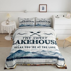Lake House Comforter Set Queen Size Rustic Farmhouse Style Bedding Set Cabin Wood Stripes Vintage Rust Quilted Duvet for Kids Girls Boys Adults Men Navy Watercolor Mountain View Duvet Insert 3pcs