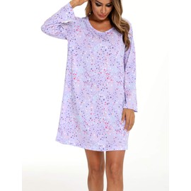 ENJOYNIGHT Women's Cotton Nightshirs Long Sleeve Print Nightgown Casual Sleep Dress(Small, Purple)