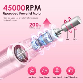 HELIVIVE Professional Electric Nail Drill 45000RPM (Portable & Rechargeable) (with 11 Drill Bits ) Cordless Nail File Machine for Shaping, Polishing & Removing Gel Nails for Salon Home (Pink)