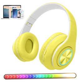 Bluetooth Over Ear Headphones ,Colorful LED Lights Headphones ,Foldable Hi-Fi Stereo Headphones with in Microphone, Wired and Wireless Headphones for Classroom/Home Office/PC/Mobile (yellow)