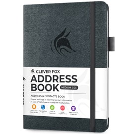 Clever Fox Address Book with alphabetic tabs - PU Leather Telephone and Address Book for Keeping Contacts Safe, Contact Organizer Journal, Medium Size (13.5 x 19cm) Hardcover, Silver Black