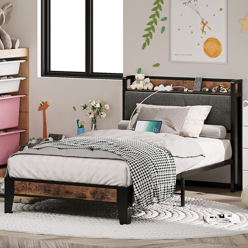 LIKIMIO Twin Bed Frames, Storage Headboard with Charging Station, Solid
