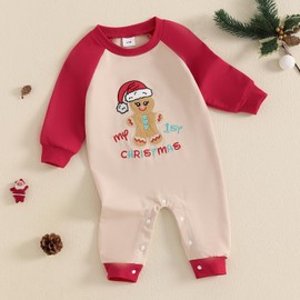 MAHUAOYIXI Baby Christmas Outfits Jumpsuit Gingerbread Man/Letter Embroidered Infant Baby Long Sleeve Christmas Romper for Fall Winter Newborn Baby Boys Girls Clothes (Red, 9-12 Months)