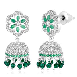 Aheli Silver Plated Cubic Zirconia & Green Beads Studded Jhumki Earrings Jewelry for Women