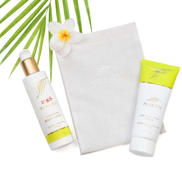 Pure Fiji Hydrate & Polish Kit - Hydrating Body Lotion 8oz and Coconut Crush Scrub 6oz in Canvas Bag, Coconut Lime Blossom