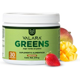 Valara Greens - Jugo Verde En Polvo Sin Azúcar Añadido- Suplemento a base de Frutas y Verduras - Con Probióticos y Prebióticos - 270g - 30 Servicios - Sabor Mango