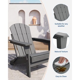 Folding Adirondack Chair, HDPE Outdoor All-Weather Fire Pit Chairs, Outdoor Wooden Lounge Chair, Modern Lounger Adirondack Chairs Ergonomic Extended Backrest for Deck, Patio, Pool, Backyard, Grey