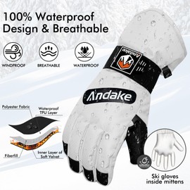 Andake Ski Gloves, Winter Snow Gloves for Skiing, Snowboarding, Climbing and Skating White S