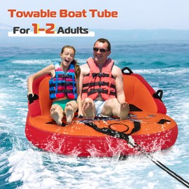 GYMAX Towable Tube for Boating, 2/3 Riders Inflatable Boat Tube for Water Sports to Pull, Boat Tubes with EVA Seat Pads, Dual Tow Points, Full 900D Nylon Cover & Drainage System (Orange, 2 Riders)