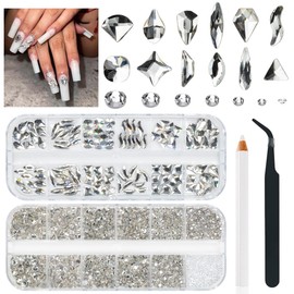 qiipii 4080Pcs Crystal Clear Uñas Rhinestones Multi Formas Flatback Cristal Blanco Gemas +Cuentas Redondas K9 Piedras de Cristal Diamantes Joyas Nail Art Suministros Encantos de Uñas para Uñas Caras O