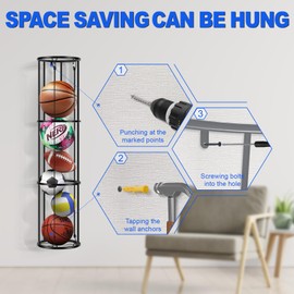 KIFFRIDE 3-Layer Vertical Ball Storage Rack, Garage Ball Storage Rack, Wall-Mounted Basketball Holder - Comes with Mesh Drawstring Ball Bag - Suitable for Football, Volleyball, Soccer, Basketball