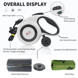 Qttie Retractable Dog Leash with Dispenser and Poop Bags, Pet Walking Leash for Largel Dog or Cat, Anti-Slip Soft Handle, Tangle Free, Reflective Nylon Tape(White, 5 Meters, Max Load 50KG)