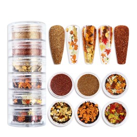 6 Grids Fall Maple Leaf Nail Art Glitter Sequins 3D Holographic Gold Orange Fall Maple Leaves Nail Flakes Thanksgiving Nail Glitter Supplies for Acrylic Nails Autumn DIY Nail Decorations Crafts