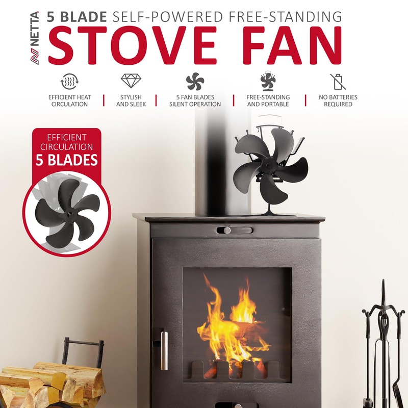 NETTA 5 Blade Woodburner Stove Fan - Silent Operation -