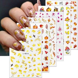 6Sheets Gold Maple Leaf Nail Stickers 3D Fall Nail Art Supplies Holographic Autumn Leaf Pumpkin Nail Art Sticker Laser Shiny Ginkgo Leaf Mushroom Thanksgiving Day Manicure Accessories for Women