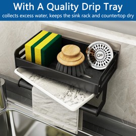 FOXWHALE Sink Caddy,Kitchen Sink Organiser kitchen Sink Tidy Sponge Holder with Removable Drain Tray & Towel Rack, Wall Hanging Self-adhered Washing Up Caddy for Dishcloth Storing Kitchen Accessories