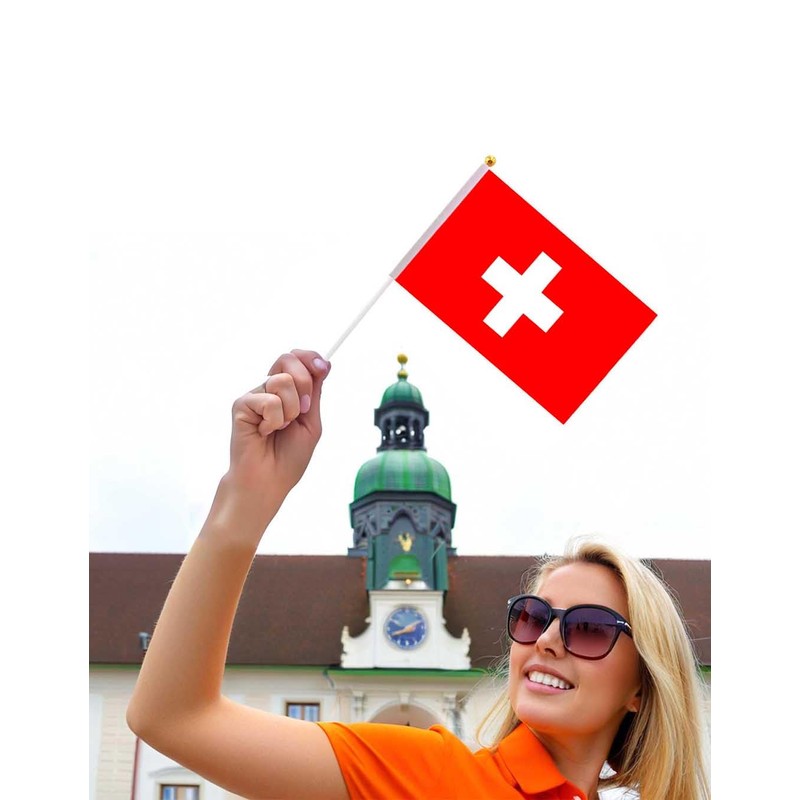 25 Packs Small Switzerland Flags on Handheld Stick，Miniature Swiss Flag