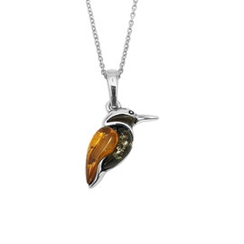 Kiara Jewellery Sterling Silver Kingfisher Pendant Necklace with Inlaid Amber in Mixed Color on 18" Italian Tracer Chain, Sterling Silver and Amber, Amber