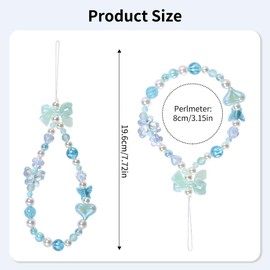 Reownest 2 PCS Phone Charm Bracelet, Cute Beaded Lanyard Strap with Butterfly Bow Heart Pearls, Aesthetic Chain Keychain Wrist Straps for Teen Girls & Women -Blue, White