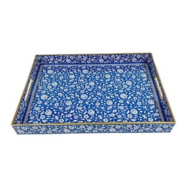 Decorative Serving Plastic Tray, Coffee Table Tray, Bohemian Handle, Suitable for Kitchen,Suitable for Bathroom (Rectangular Blue2)