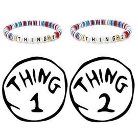 Thing 1 Thing 2 Iron-On Patch and Bracelet Set, 4Pcs Book Character Costume Accessories for Reading Week, Felt Patches with Matching Stretch Bracelets, Halloween Party Supplies