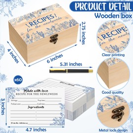 Beeveer 60Pcs Recipe Cards for Bridal Shower Decorations Bridal Shower Games Wedding Party Favors Wooden Box With Recipe Cards Box for Newlyweds Wedding Engagement Party(Blue Floral)