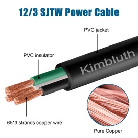 Kimbluth 12 Gauge 3 Conductor Wire SJTW Outdoor Extension Power Cable 10FT, 12/3 Wire Heavy Duty Pure Copper Electrical Wire for Lawn, Battery, Automotive, Outdoors