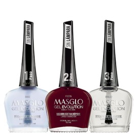 MASGLO GEL EVOLUTION Nail Polish Gel Effect, No UV/Led Lamp, Duration Up to 12 days, 3 PCs -Base, Esmalte Fiesta, Brillo - Efecto Gel sin necesidad de UV/Led, hasta 12 días de duración 0,5 Fl. Oz.