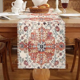 Turkish Table Runner 33 x 183 cm Vintage Table Runner Boho Style Orange Geometry Flowers Tablecloth Ethnic Table Runner Decorative for Kitchen Party Dining Room Wedding Restaurant Camping