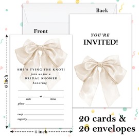 BSNZZIO Bow Bridal Shower Invitation, Engagement Shower Invitation Cards, White Bow Invite For Bridal Shower, 25 Double-Sided Fill in Invitations With Envelopes Celebration Party Supplies